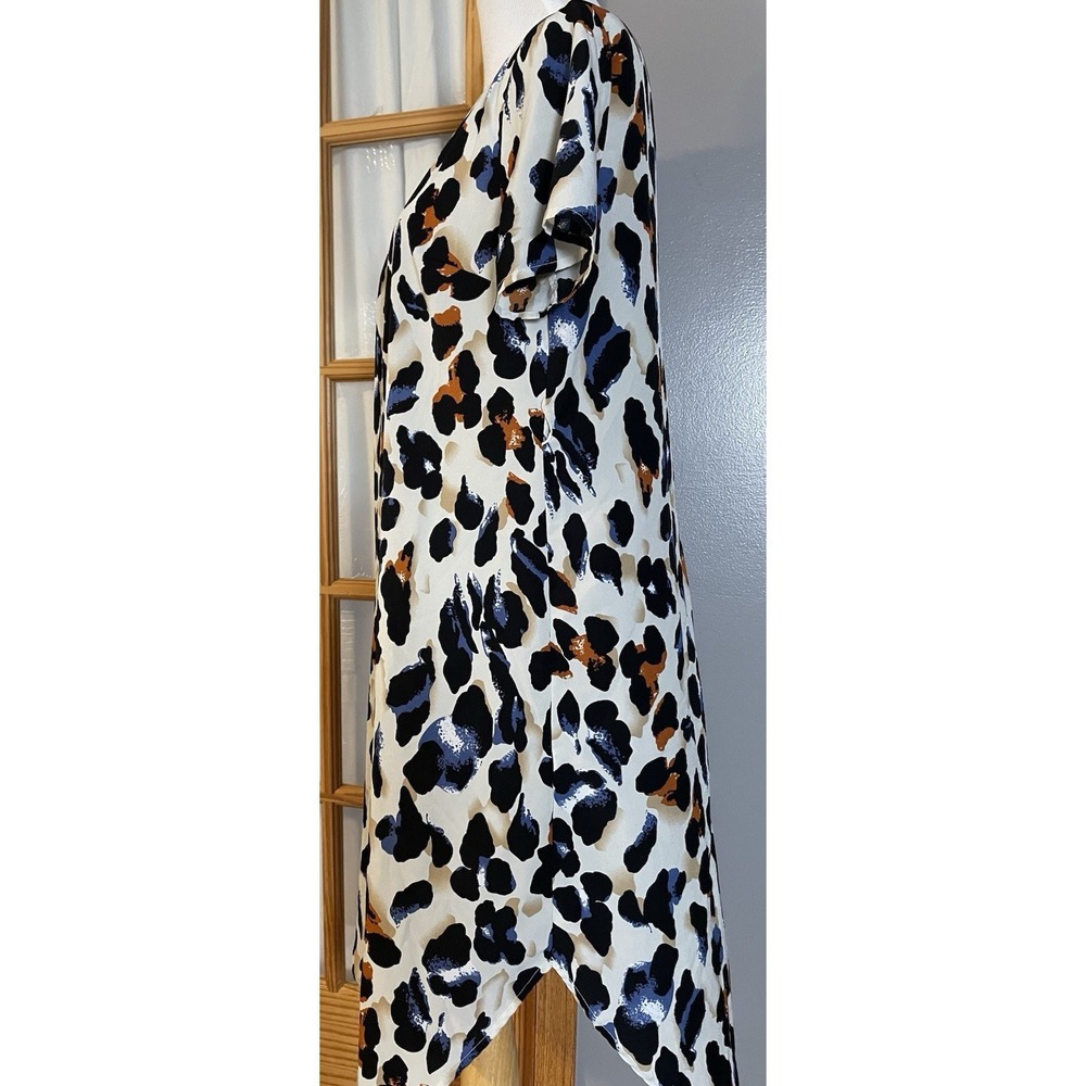 SHEIN Leopard Print Mini Dress Sz L Blue Rustic Brown Rounded Hem Casual - Picture 3 of 13